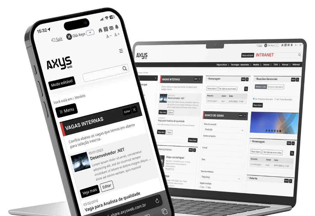 Smartphone e laptop exibindo intranet desenvolvida pela Axysweb