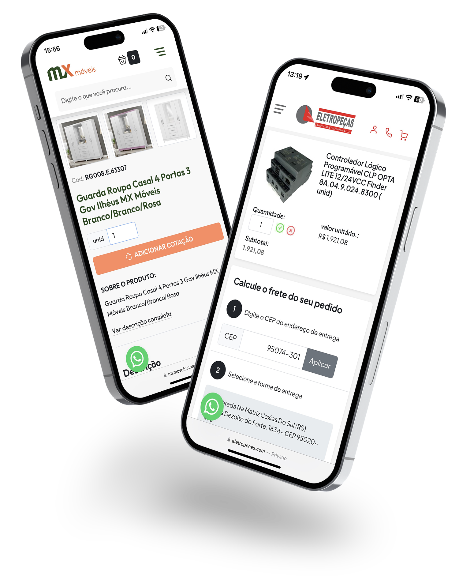 Smartphones exibindo ecommerce axys